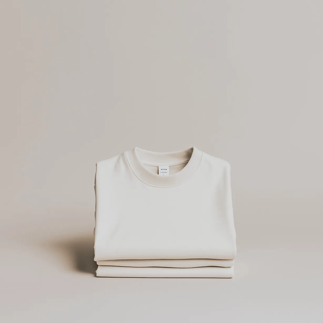 Folded cream sweatshirt stack representing low minimum order quantities.