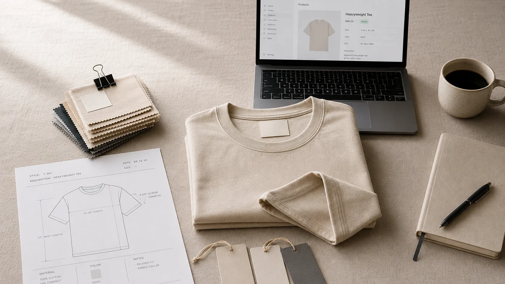 Garment concepting desk with sample tee, fabric swatches, and technical sketch.